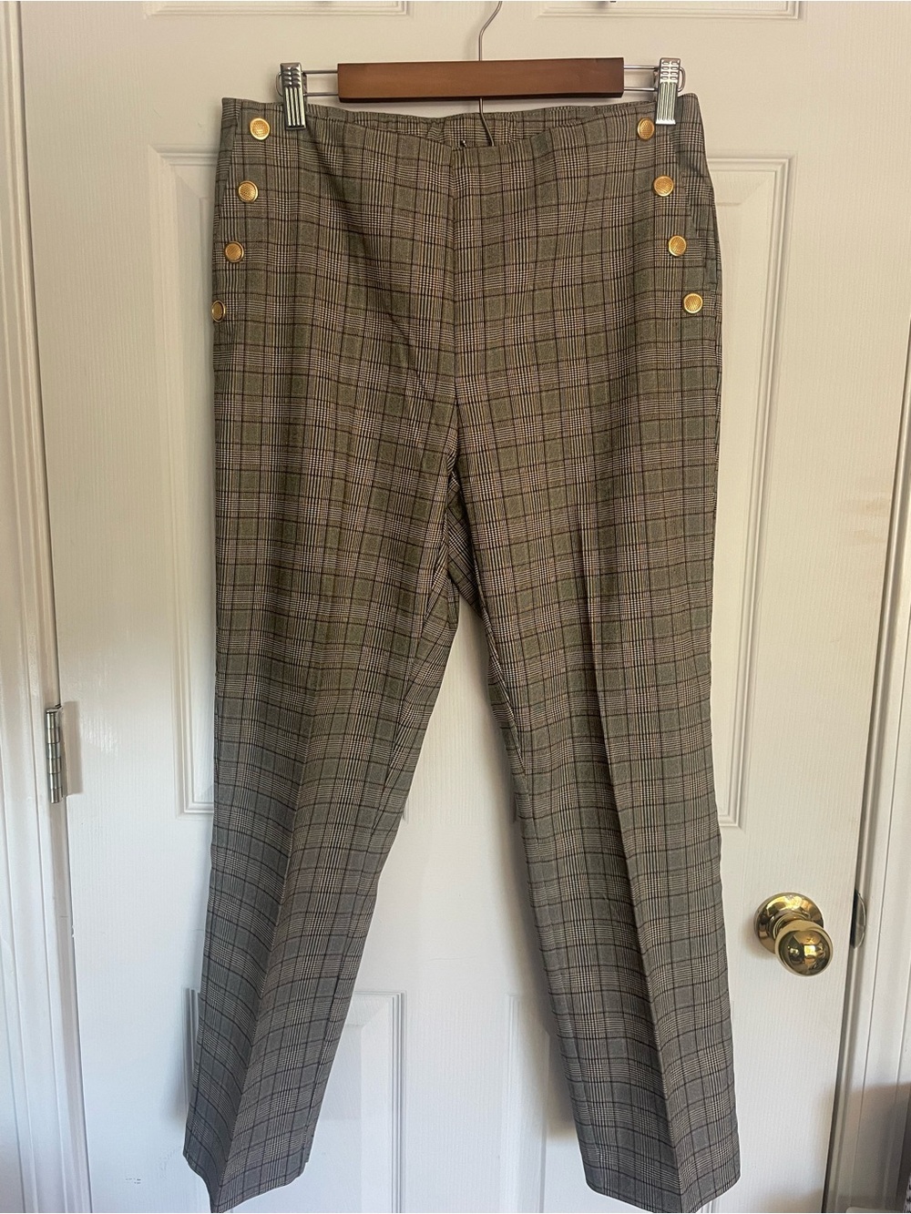 Zac & Rachel Plaid Straight-Leg Pants with Gold Buttons
